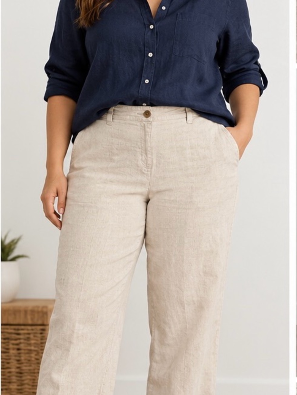 Lands’ End 18W 100% Linen Pants Natural Beige Straight Leg Ankle
